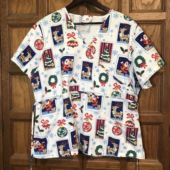 White Cross White Christmas Winter Top Women's XL Cotton Poly Scrubs Pockets - Picture 1 of 10